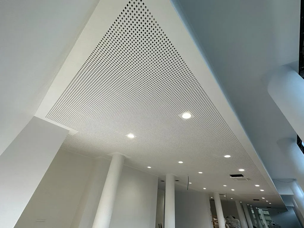 Fertig montierte Lochplatten-Akustikdecke mit integrierter LED-Beleuchtung